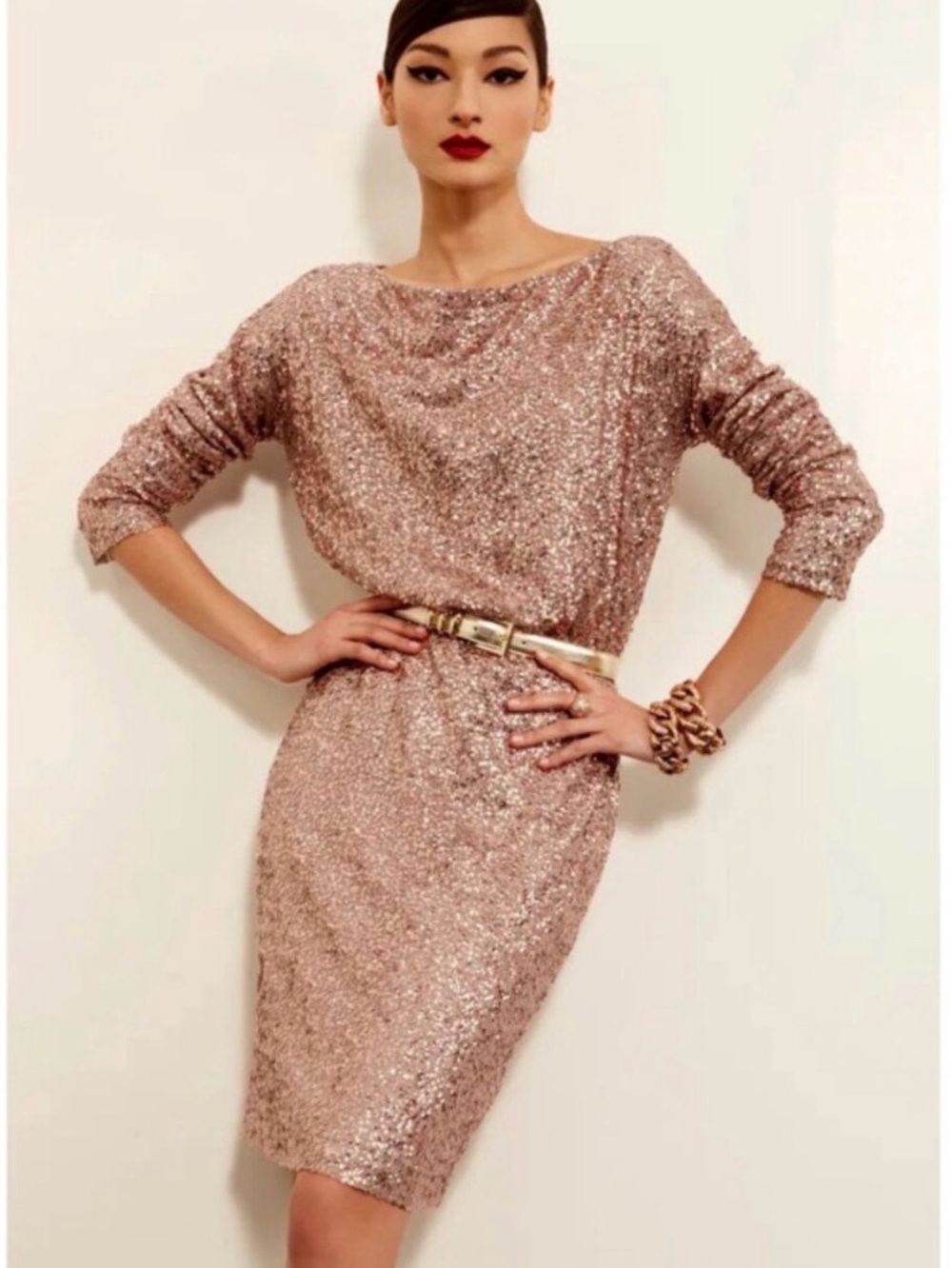 St. John Rose Gold Sequin Metallic Long Sleeve Midi Silk Dress Womens size 4 - Picture 8 of 16